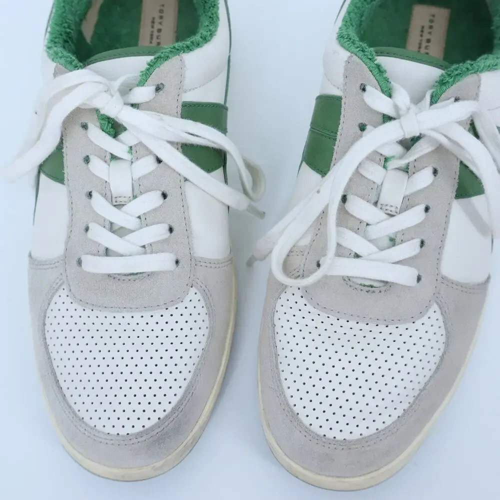 TORY BURCH Hank Court Sneakers White Green Lace Up Low Top Women's 8.5